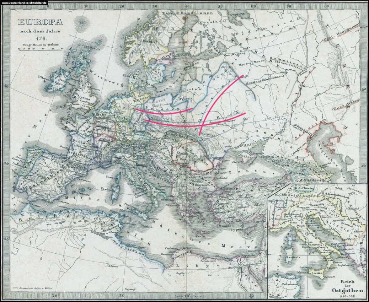 Mapa niemiecka Europa 476 n.e Slaven 