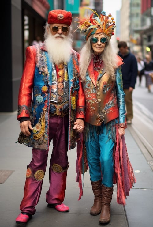 old hippie couple, starsza para hipisi, boho, kolorowe ubrania